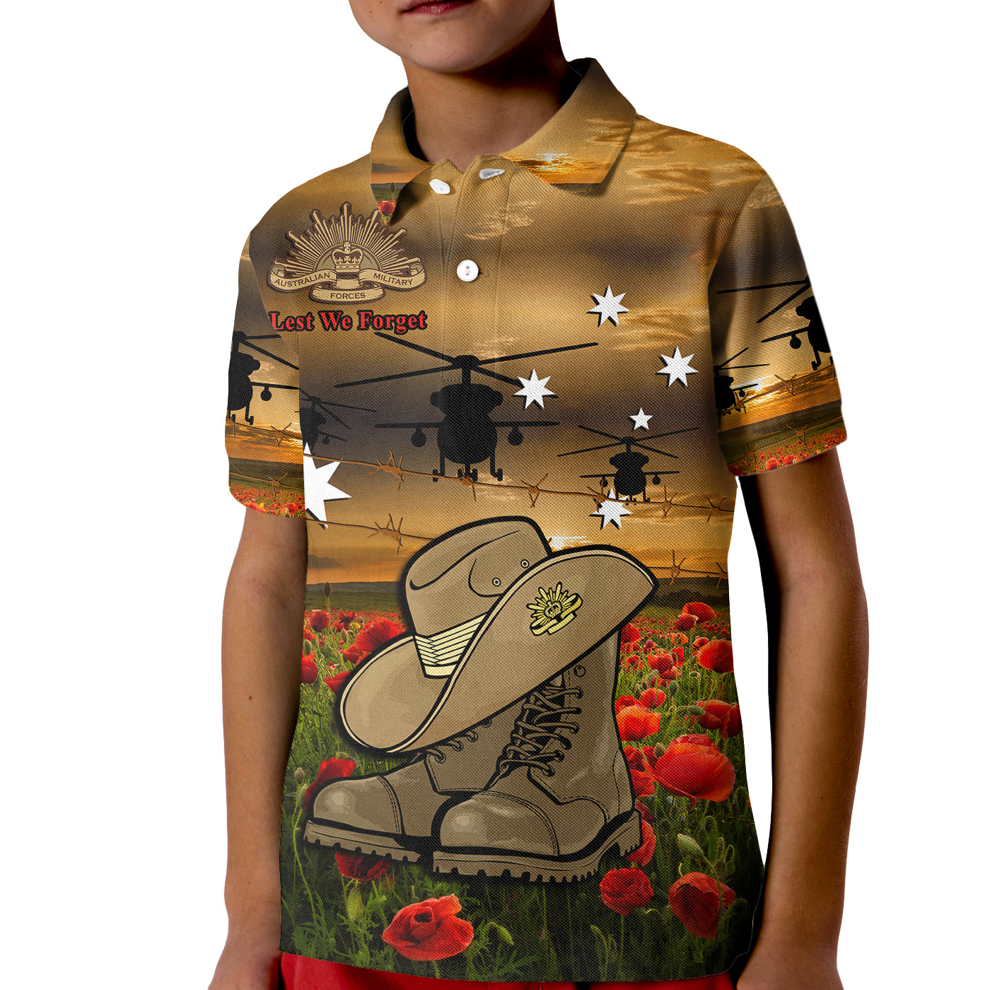 Australian ANZAC Kid Polo Shirt Slouch Hat And Army Boots With Poppy - Vibe Hoodie Shop