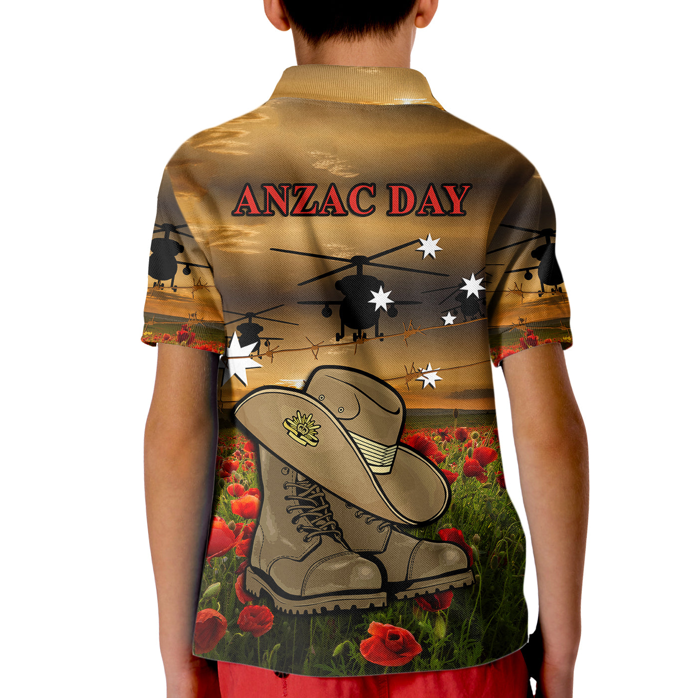 Australian ANZAC Kid Polo Shirt Slouch Hat And Army Boots With Poppy - Vibe Hoodie Shop