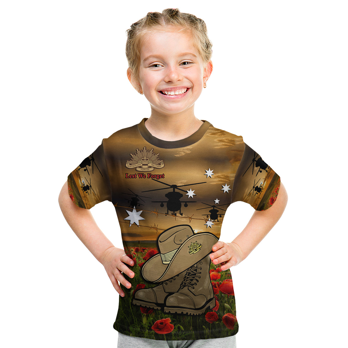 Australian ANZAC Kid T Shirt Slouch Hat And Army Boots With Poppy - Vibe Hoodie Shop