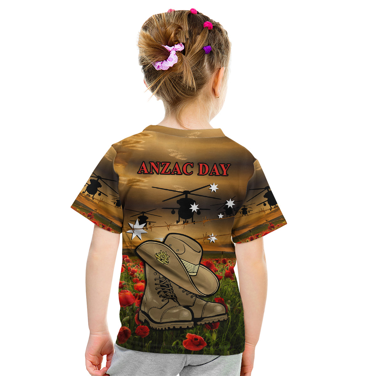 Australian ANZAC Kid T Shirt Slouch Hat And Army Boots With Poppy - Vibe Hoodie Shop