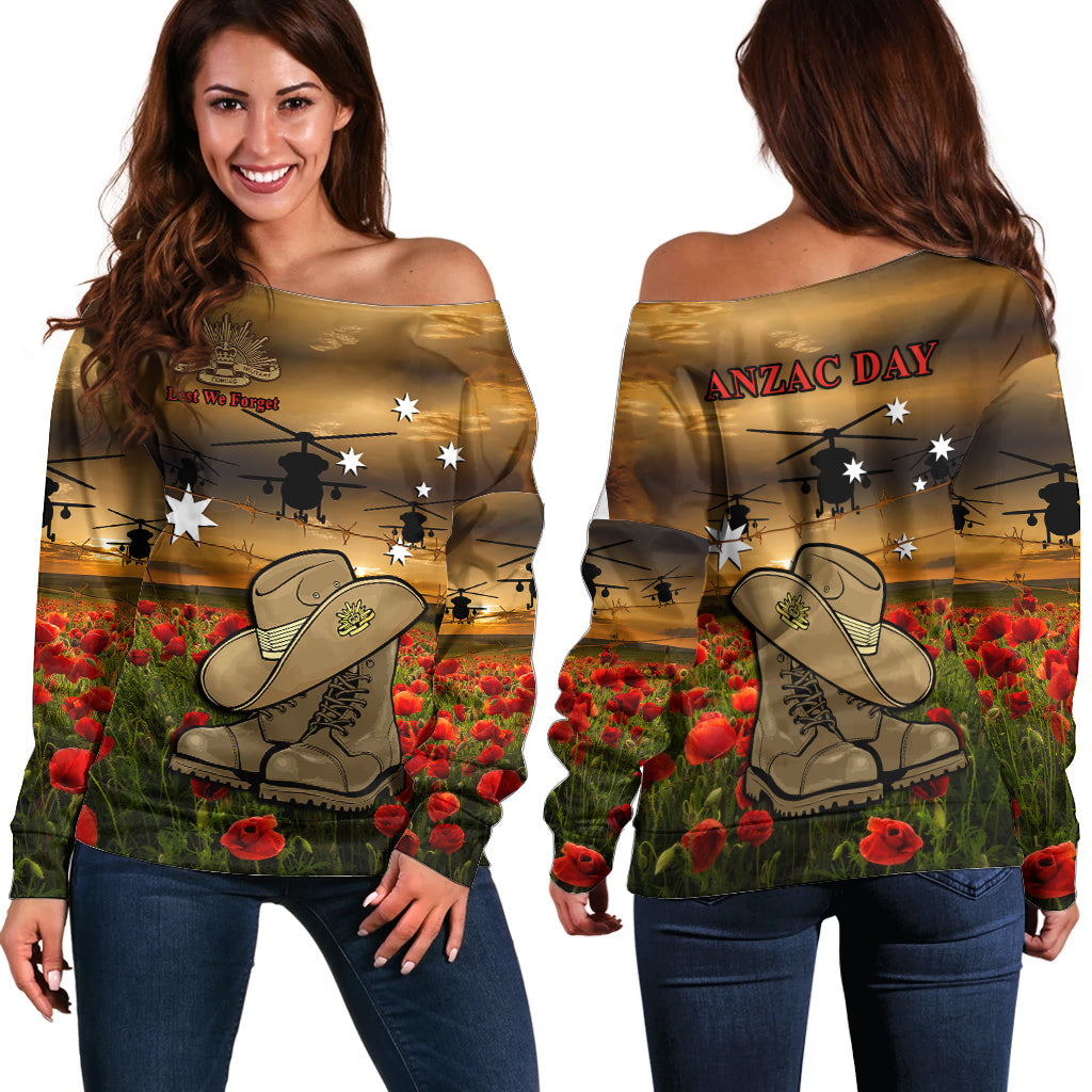 Australian ANZAC Off Shoulder Sweater Slouch Hat And Army Boots With Poppy - Vibe Hoodie Shop