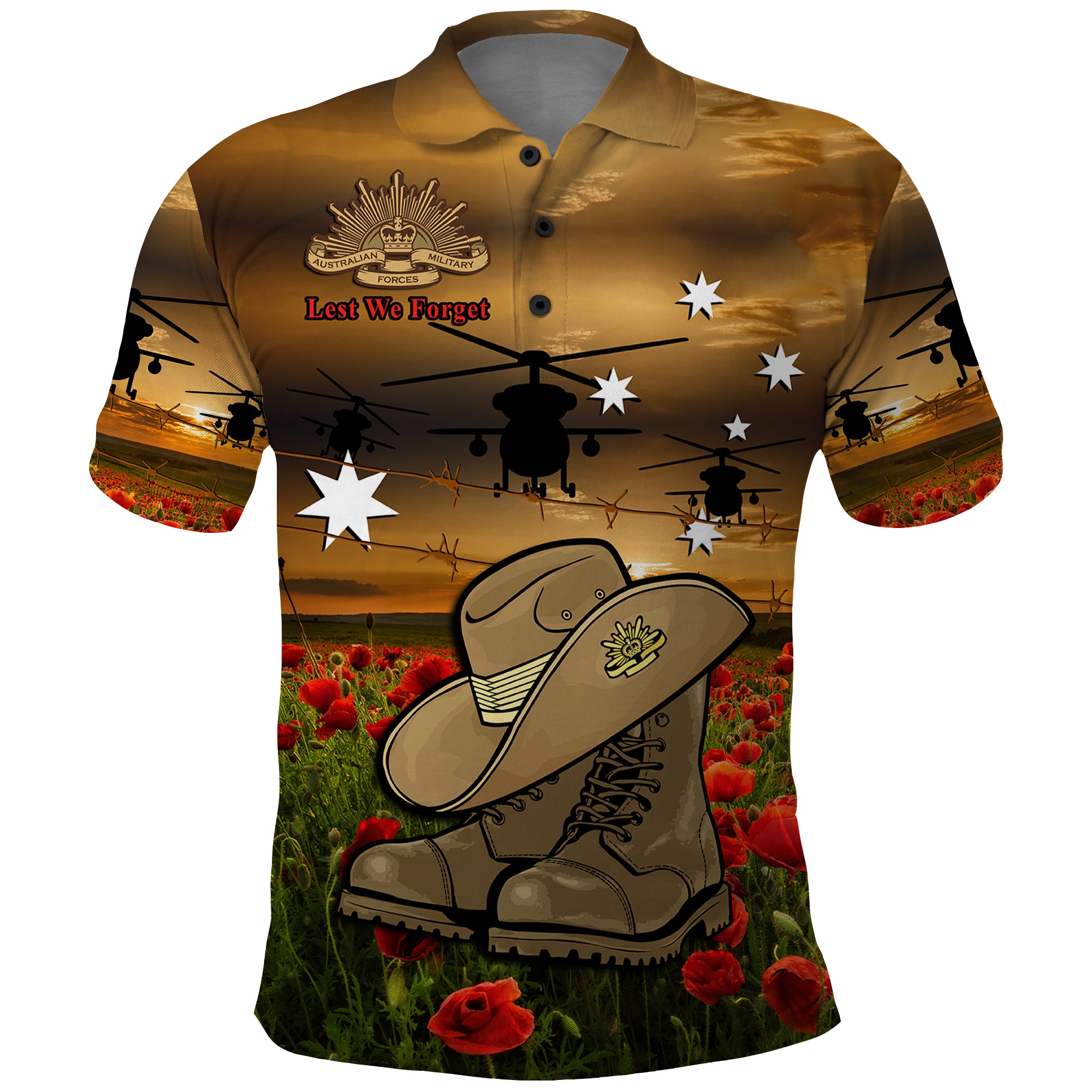 Australian ANZAC Polo Shirt Slouch Hat And Army Boots With Poppy - Vibe Hoodie Shop