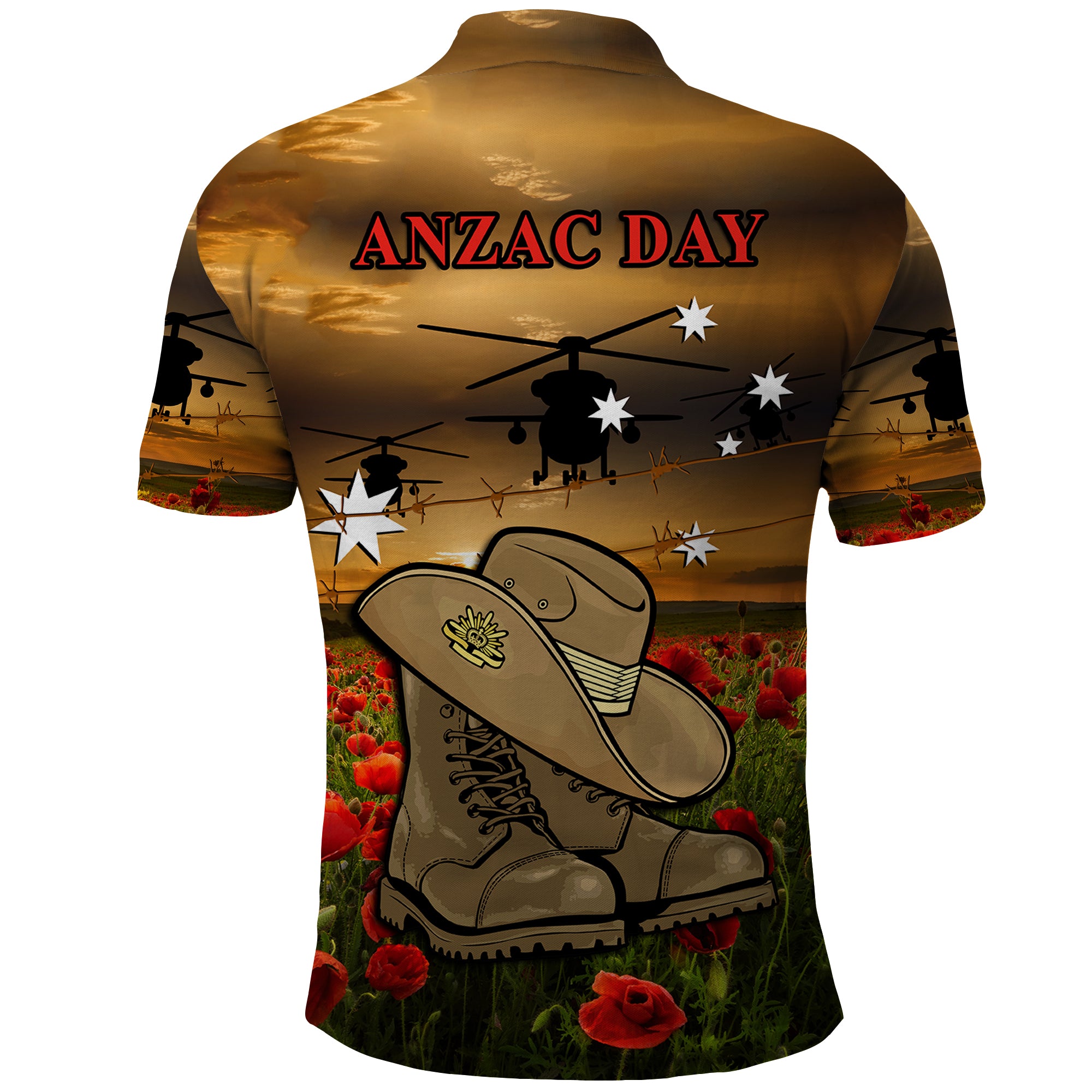 Australian ANZAC Polo Shirt Slouch Hat And Army Boots With Poppy - Vibe Hoodie Shop