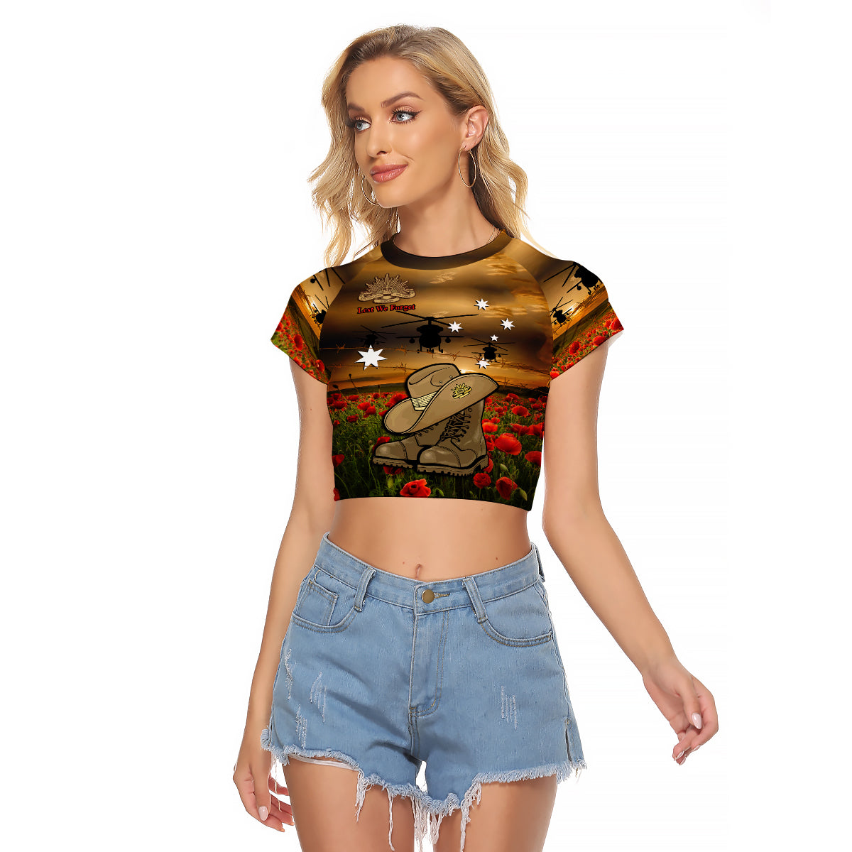 Australian ANZAC Raglan Cropped T Shirt Slouch Hat And Army Boots With Poppy - Vibe Hoodie Shop