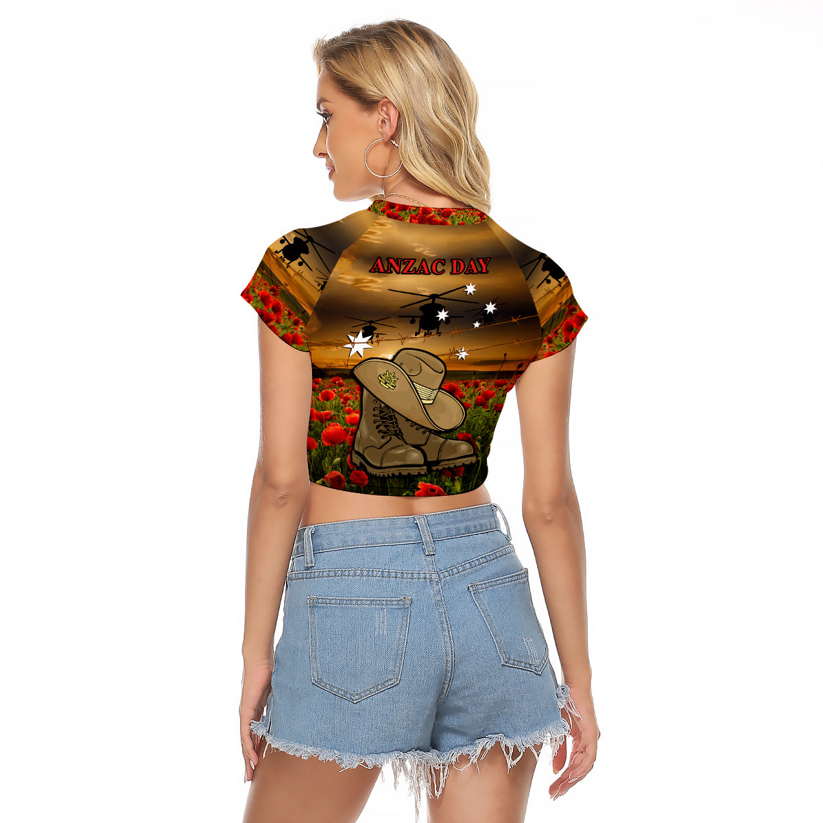 Australian ANZAC Raglan Cropped T Shirt Slouch Hat And Army Boots With Poppy - Vibe Hoodie Shop