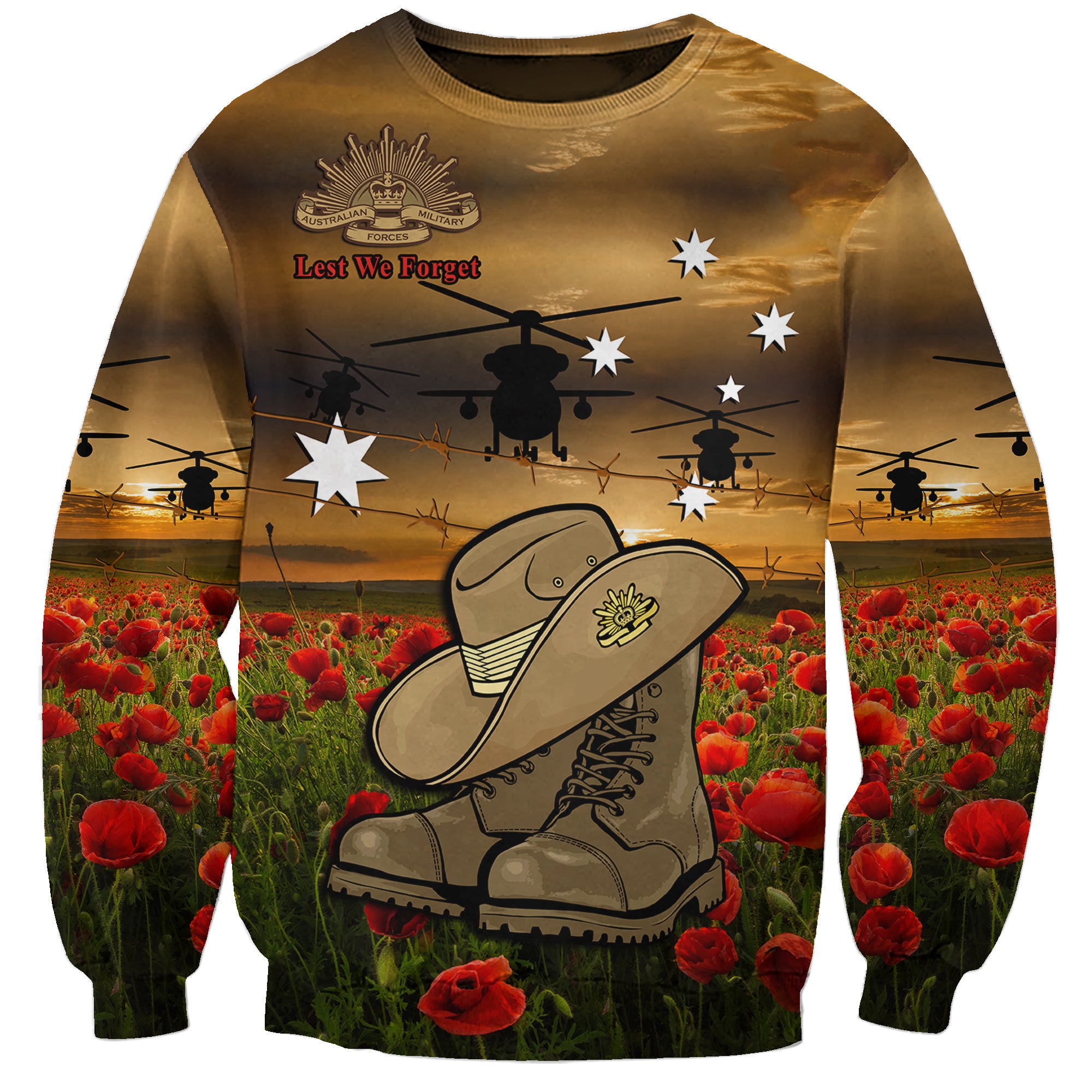 Australian ANZAC Sweatshirt Slouch Hat And Army Boots With Poppy - Vibe Hoodie Shop