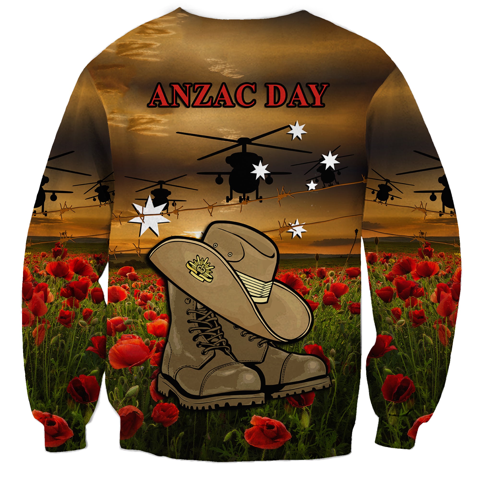 Australian ANZAC Sweatshirt Slouch Hat And Army Boots With Poppy - Vibe Hoodie Shop