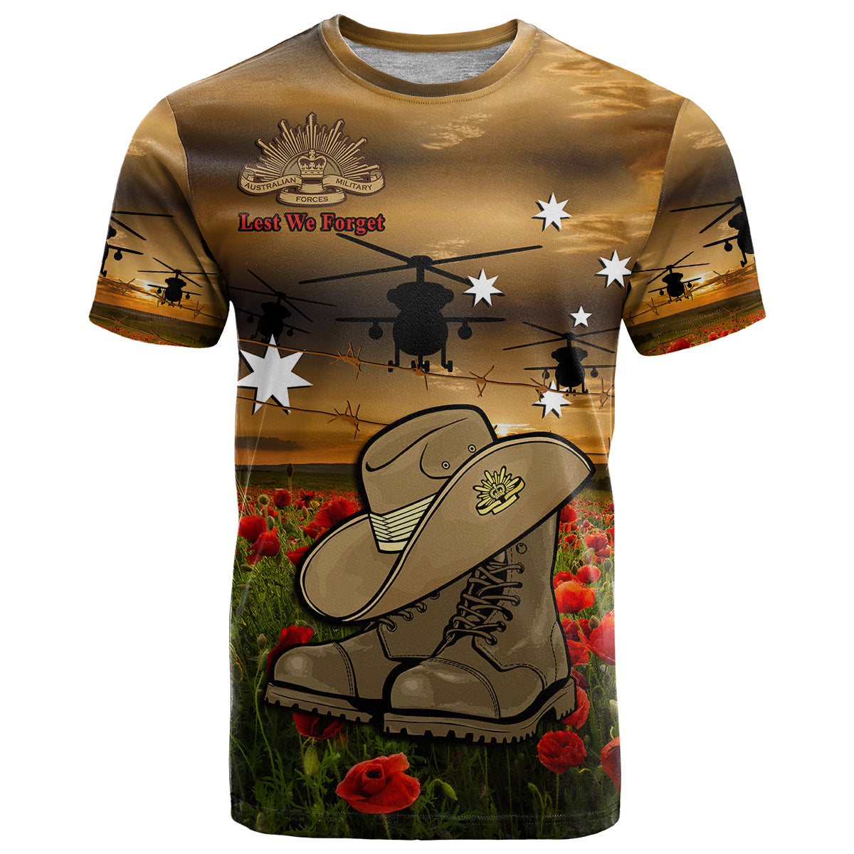 Australian ANZAC T Shirt Slouch Hat And Army Boots With Poppy - Vibe Hoodie Shop