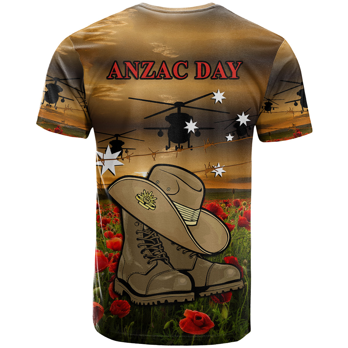 Australian ANZAC T Shirt Slouch Hat And Army Boots With Poppy - Vibe Hoodie Shop