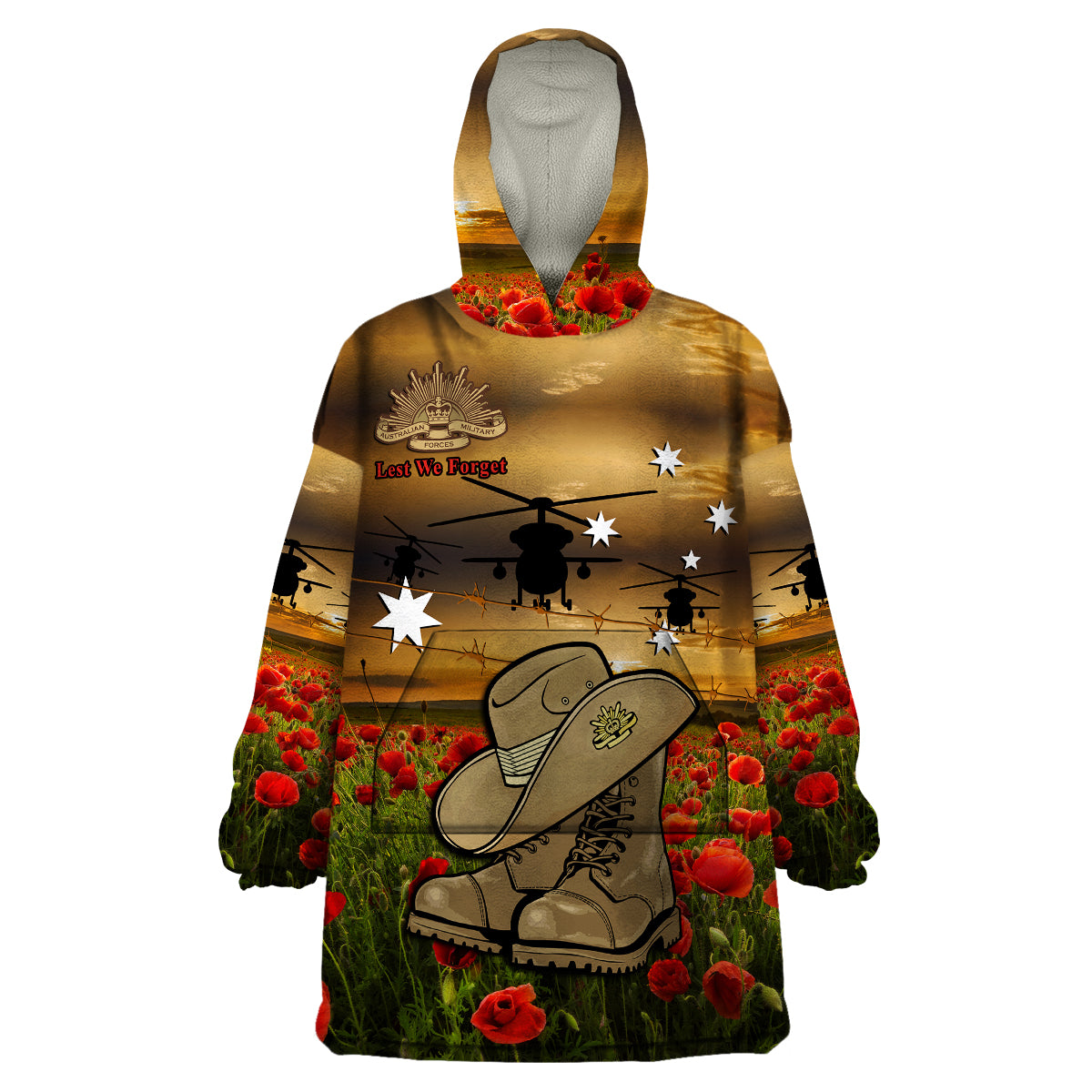 Australian ANZAC Wearable Blanket Hoodie Slouch Hat And Army Boots With Poppy - Vibe Hoodie Shop