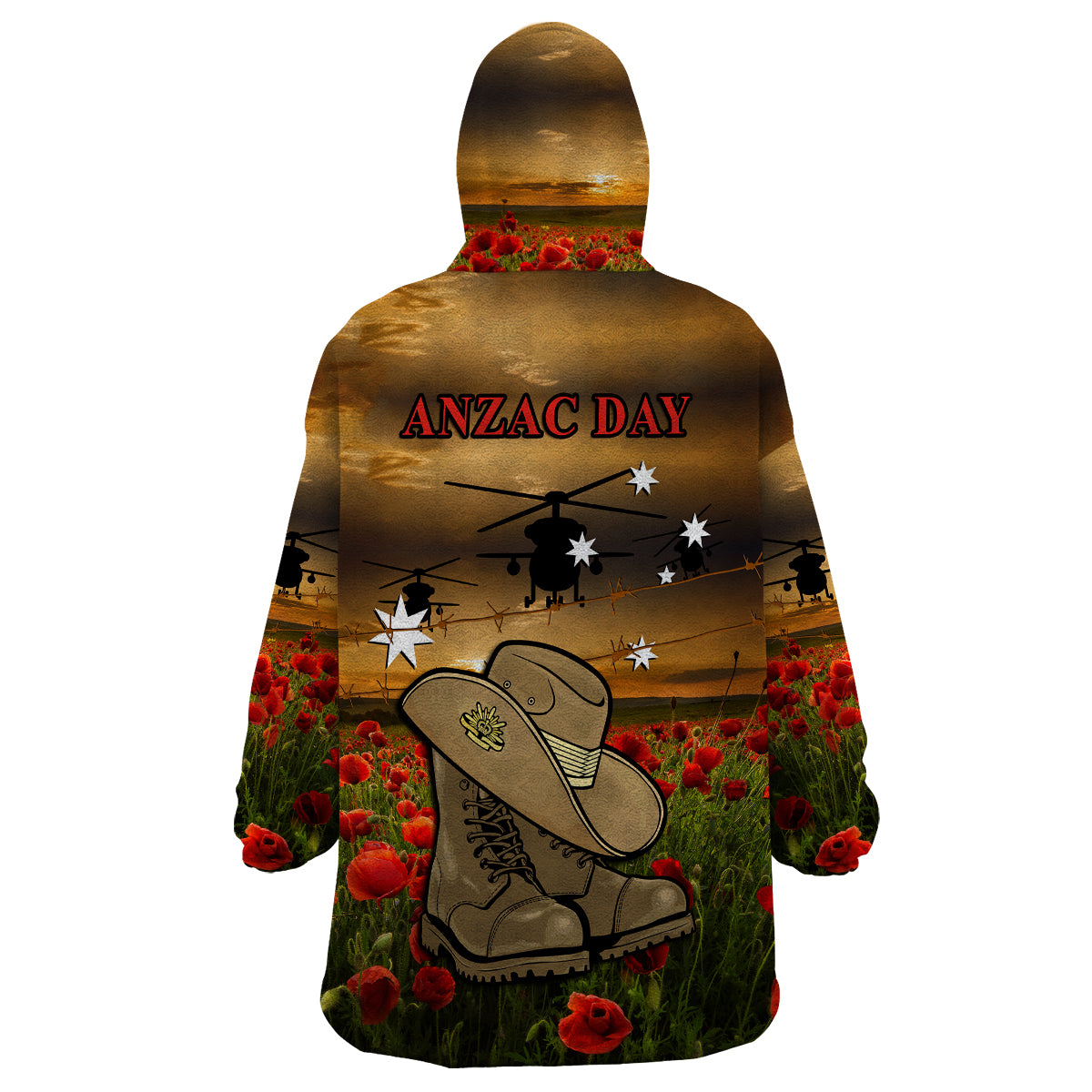 Australian ANZAC Wearable Blanket Hoodie Slouch Hat And Army Boots With Poppy - Vibe Hoodie Shop