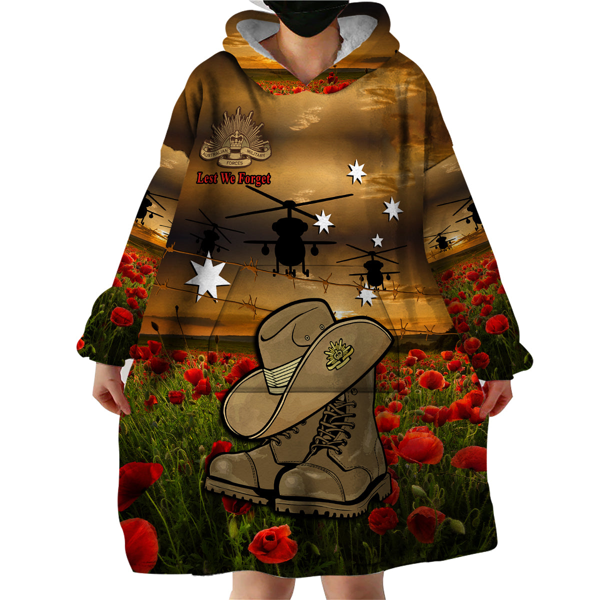 Australian ANZAC Wearable Blanket Hoodie Slouch Hat And Army Boots With Poppy - Vibe Hoodie Shop