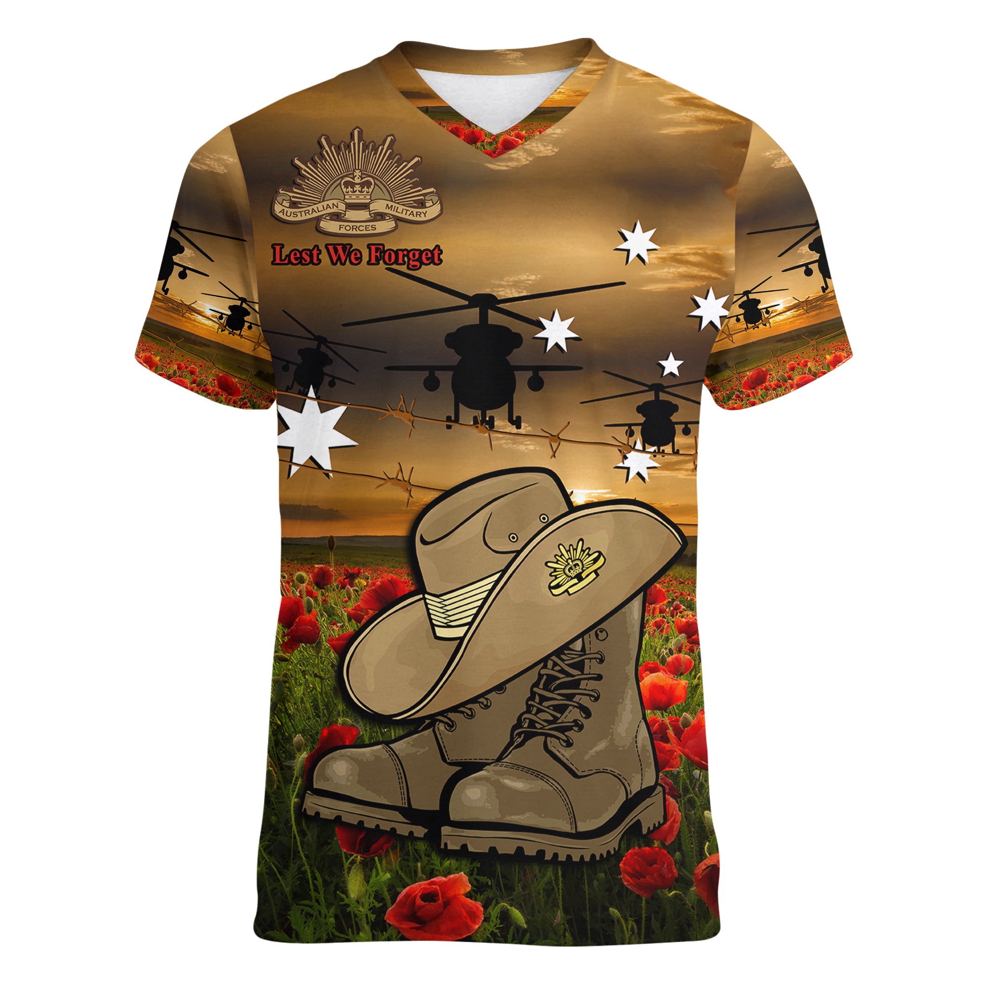 Australian ANZAC Women V Neck T Shirt Slouch Hat And Army Boots With Poppy - Vibe Hoodie Shop