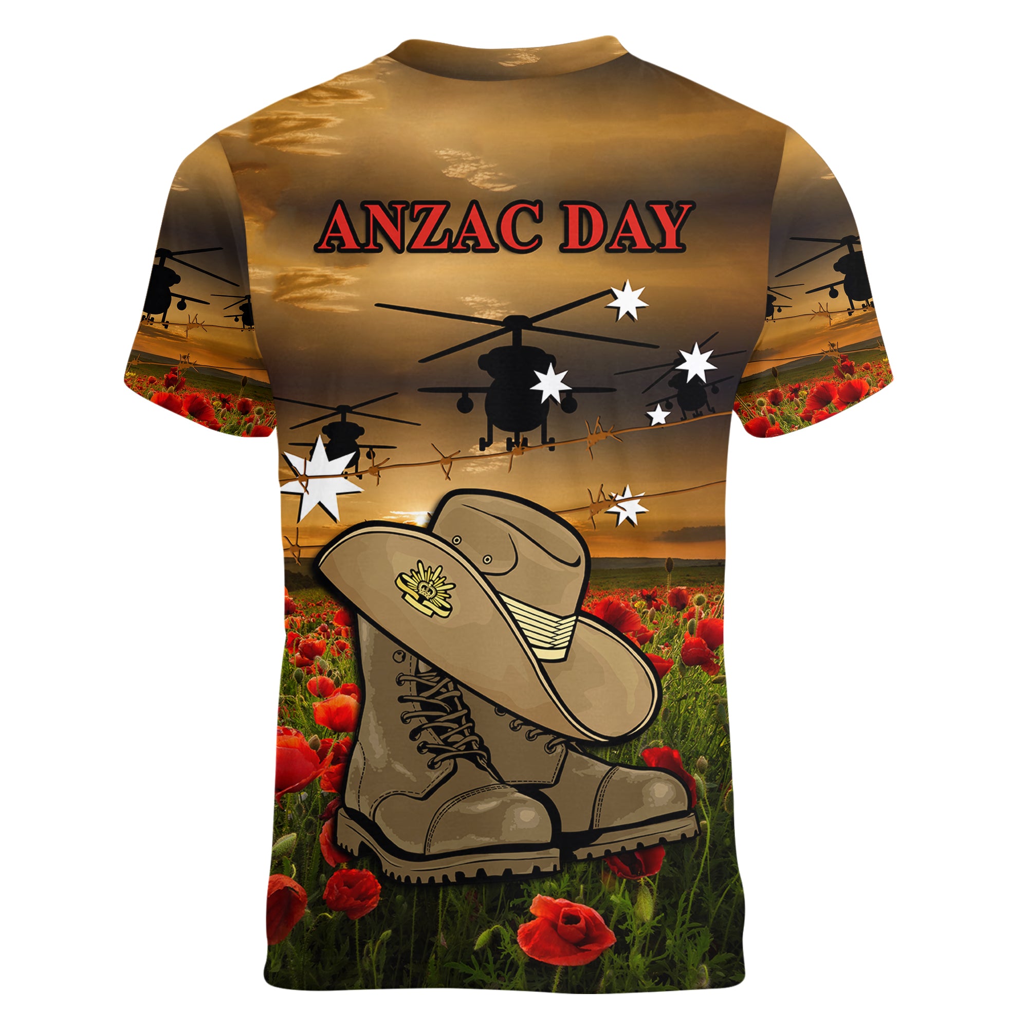 Australian ANZAC Women V Neck T Shirt Slouch Hat And Army Boots With Poppy - Vibe Hoodie Shop