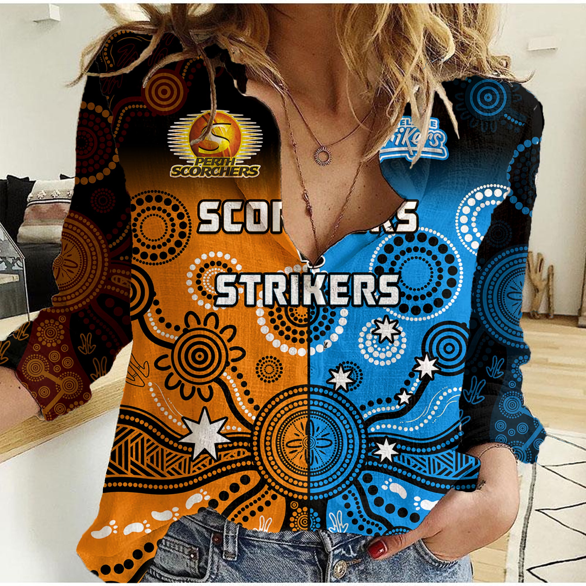 Perth Scorchers and Adelaide Strikers Cricket Women Casual Shirt Aboriginal Art - Vibe Hoodie Shop