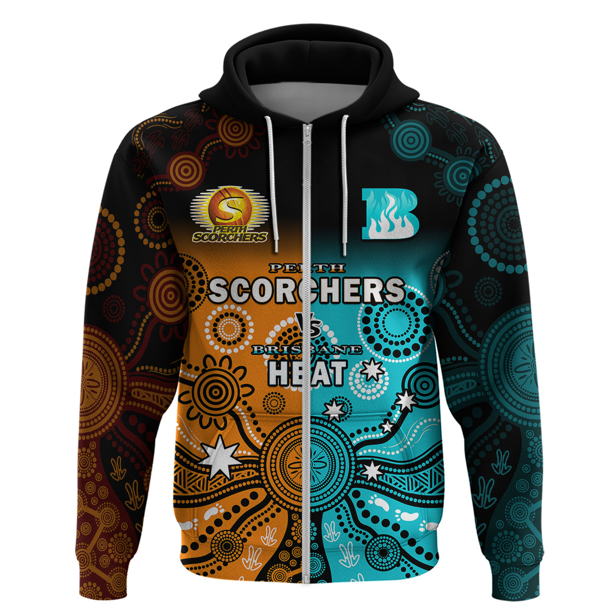 (Custom Text And Number) Perth Scorchers and Brisbane Heat Cricket Hoodie Aboriginal Art - Vibe Hoodie Shop
