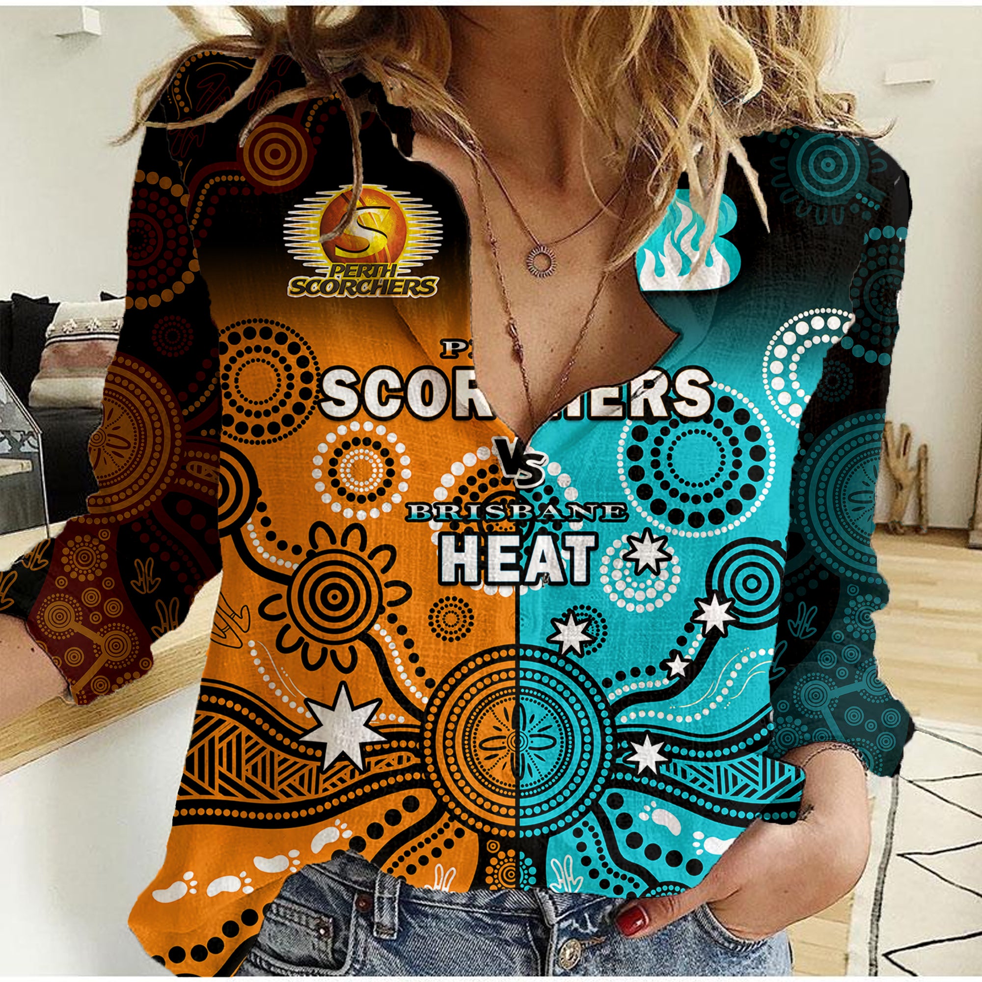 (Custom Text And Number) Perth Scorchers and Brisbane Heat Cricket Women Casual Shirt Aboriginal Art - Vibe Hoodie Shop