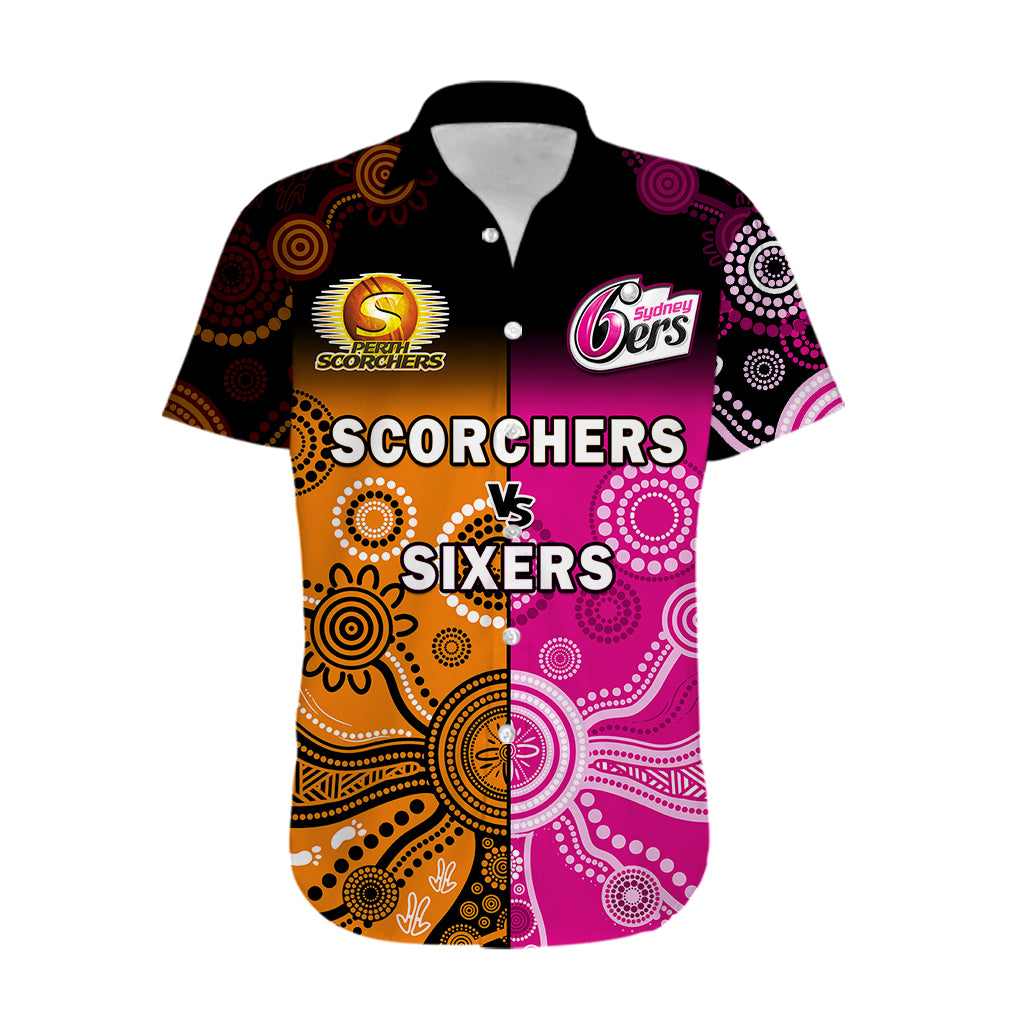 (Custom Text And Number) Perth Scorchers and Sydney Sixers Cricket Hawaiian Shirt Aboriginal Art - Vibe Hoodie Shop