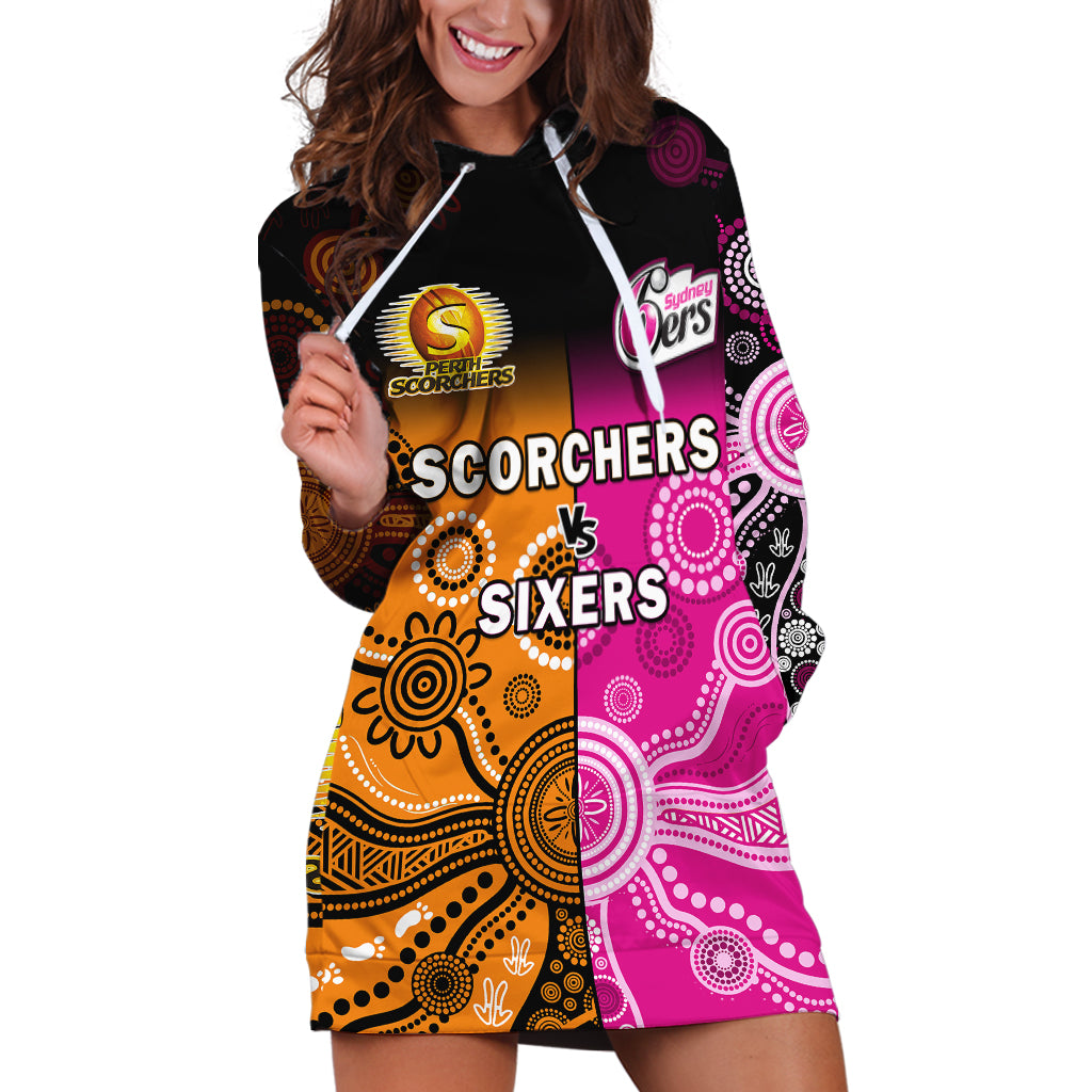 (Custom Text And Number) Perth Scorchers and Sydney Sixers Cricket Hoodie Dress Aboriginal Art - Vibe Hoodie Shop