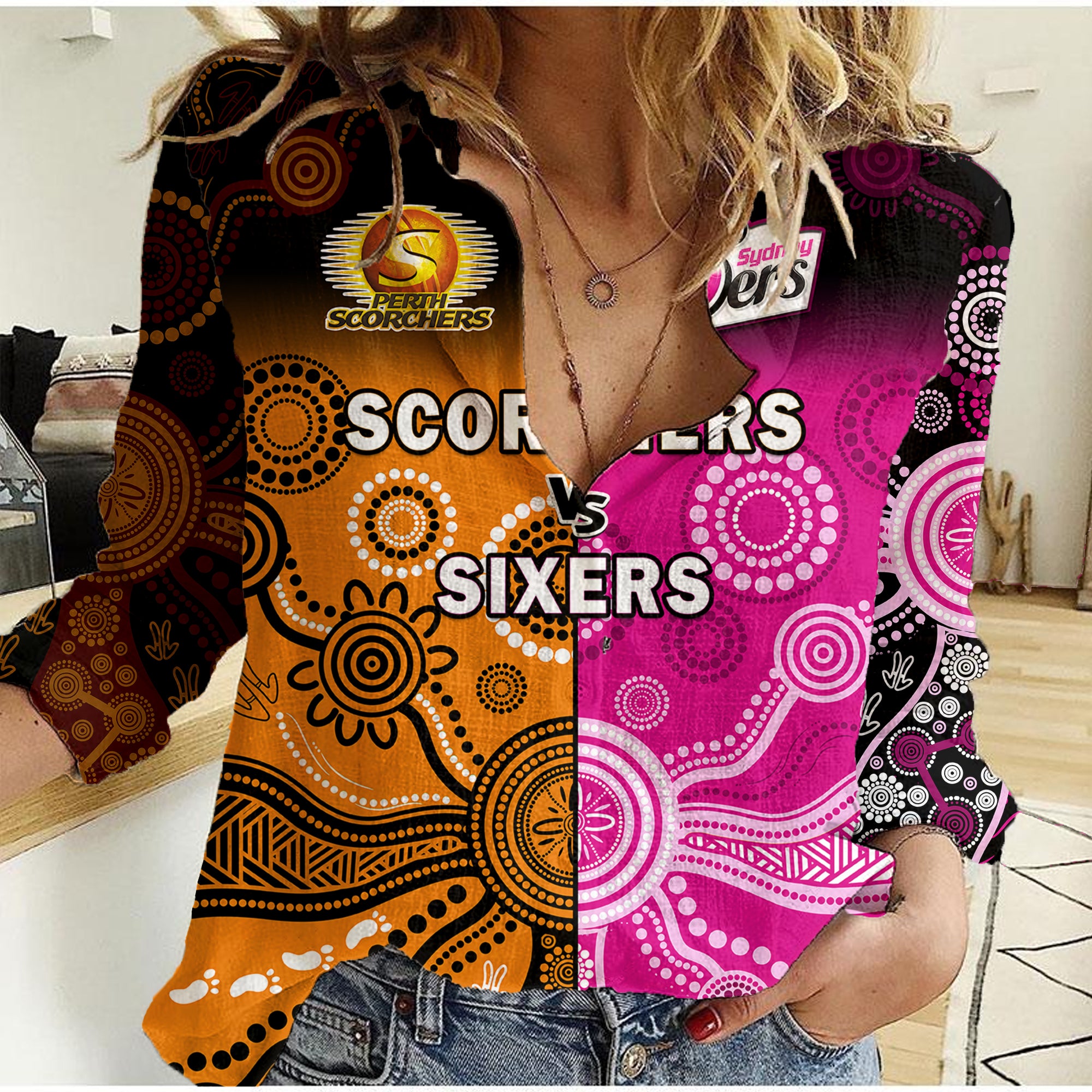 (Custom Text And Number) Perth Scorchers and Sydney Sixers Cricket Women Casual Shirt Aboriginal Art - Vibe Hoodie Shop