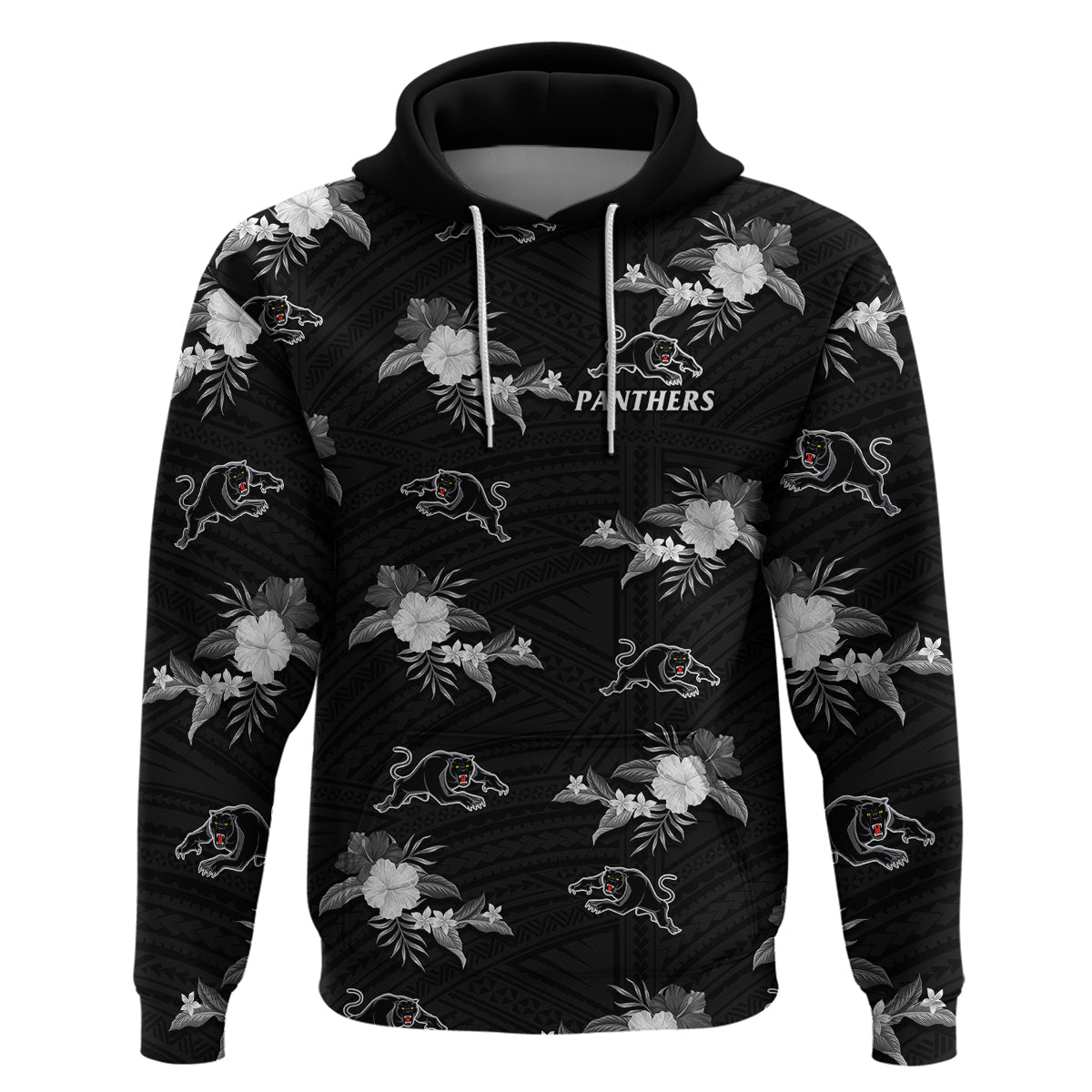 (Custom Text And Number) Panthers Rugby Hoodie Polynesian Tribal Mix Tropical Hawaiian Style - Vibe Hoodie Shop
