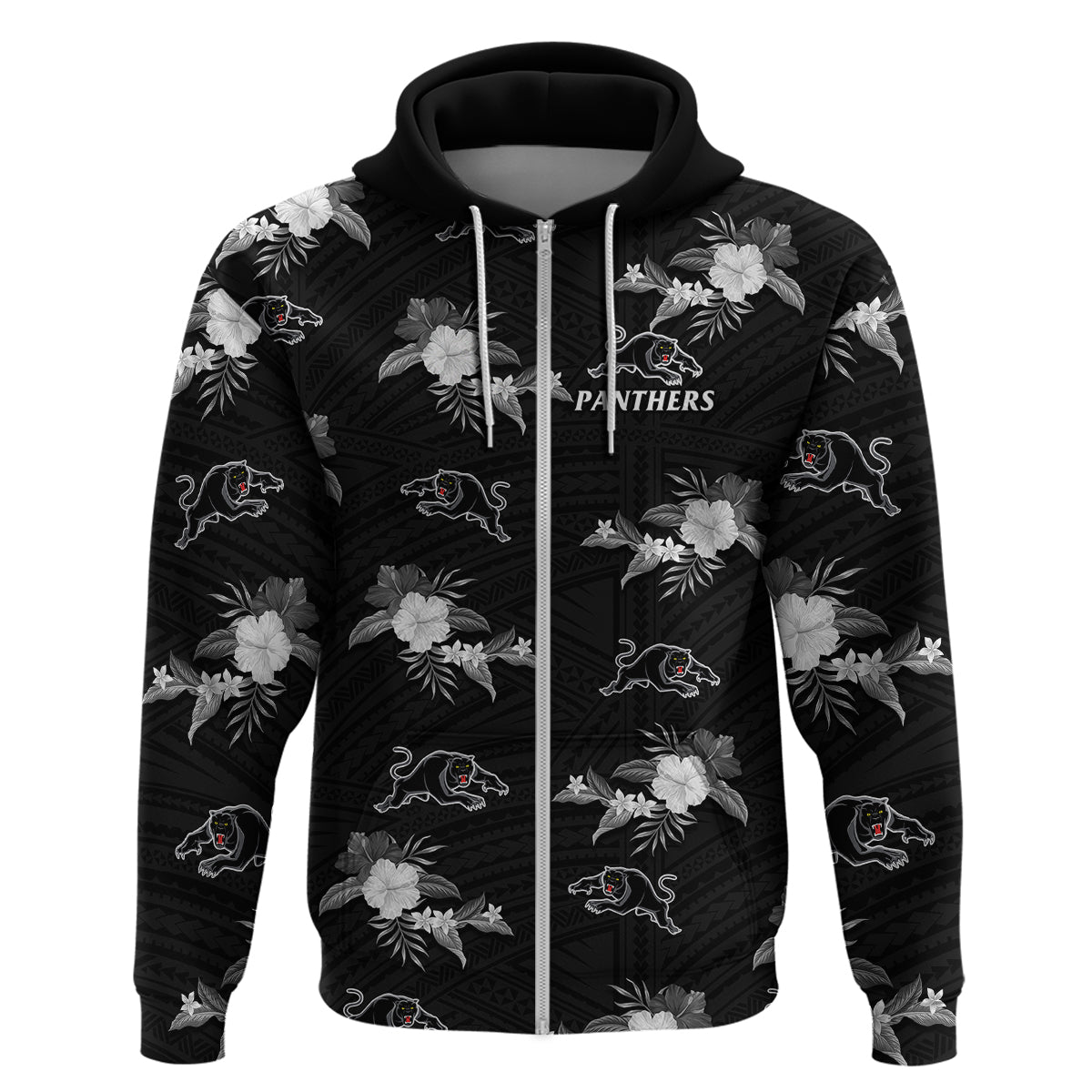 (Custom Text And Number) Panthers Rugby Hoodie Polynesian Tribal Mix Tropical Hawaiian Style - Vibe Hoodie Shop