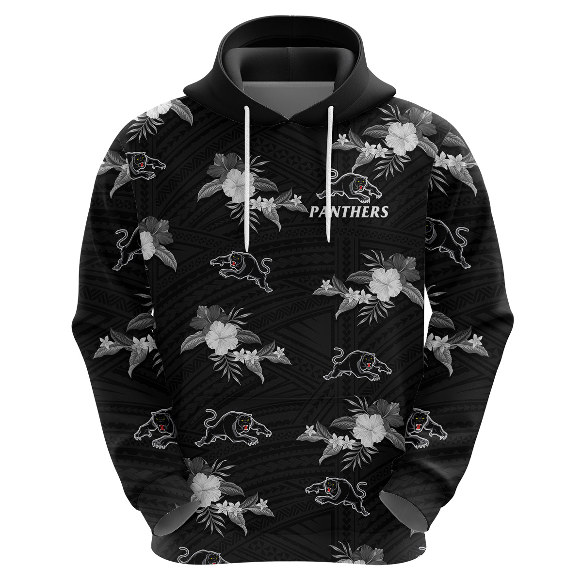 (Custom Text And Number) Panthers Rugby Hoodie Polynesian Tribal Mix Tropical Hawaiian Style - Vibe Hoodie Shop