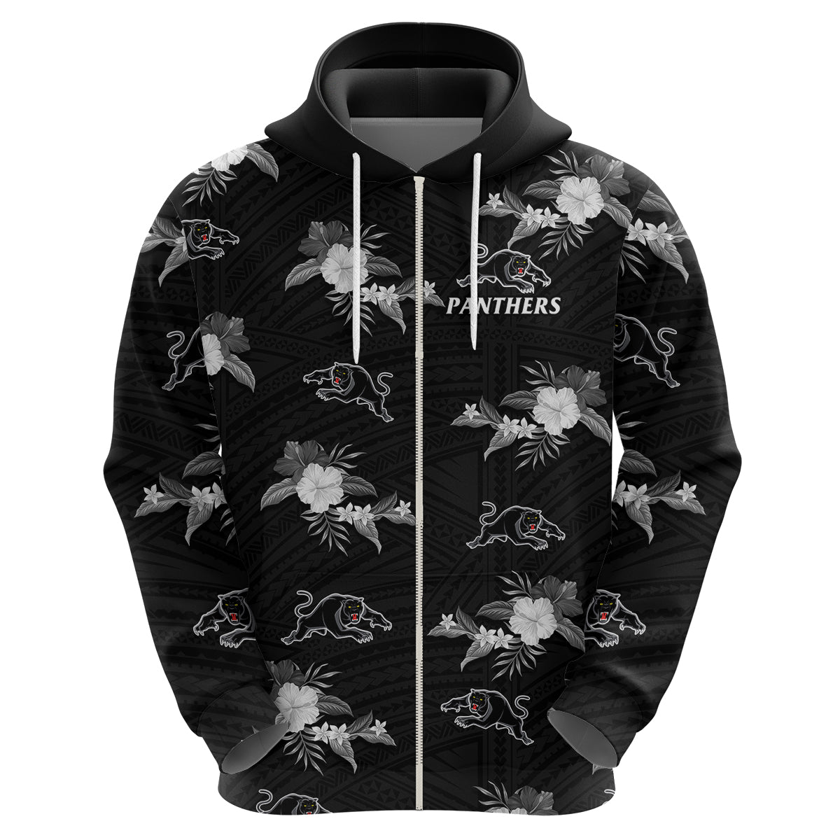 (Custom Text And Number) Panthers Rugby Hoodie Polynesian Tribal Mix Tropical Hawaiian Style - Vibe Hoodie Shop