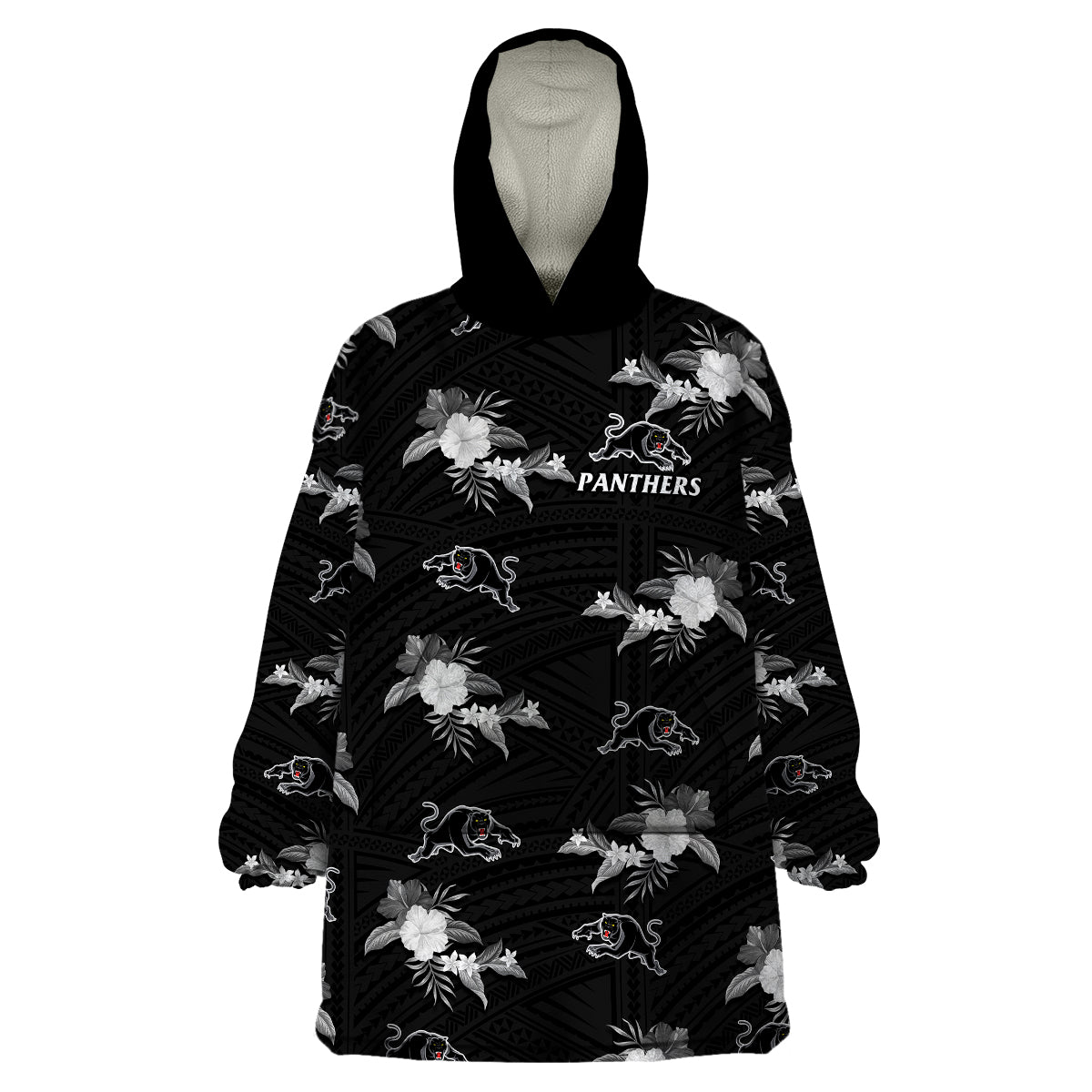 (Custom Text And Number) Panthers Rugby Wearable Blanket Hoodie Polynesian Tribal Mix Tropical Hawaiian Style - Vibe Hoodie Shop