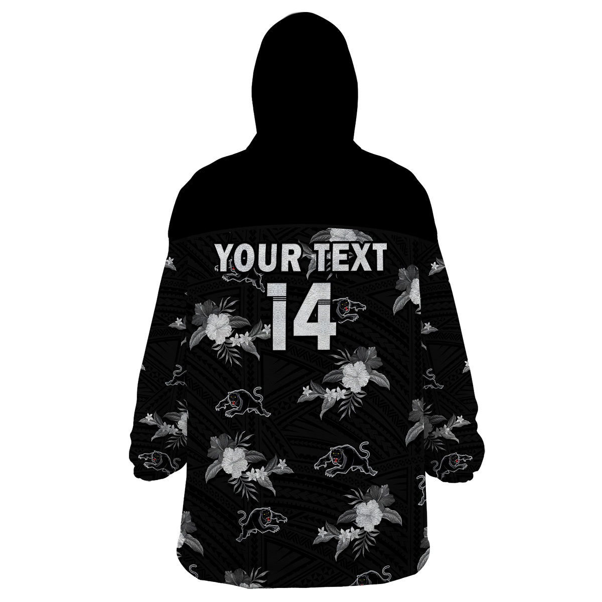 (Custom Text And Number) Panthers Rugby Wearable Blanket Hoodie Polynesian Tribal Mix Tropical Hawaiian Style - Vibe Hoodie Shop