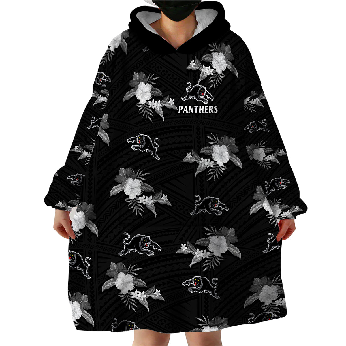 (Custom Text And Number) Panthers Rugby Wearable Blanket Hoodie Polynesian Tribal Mix Tropical Hawaiian Style - Vibe Hoodie Shop