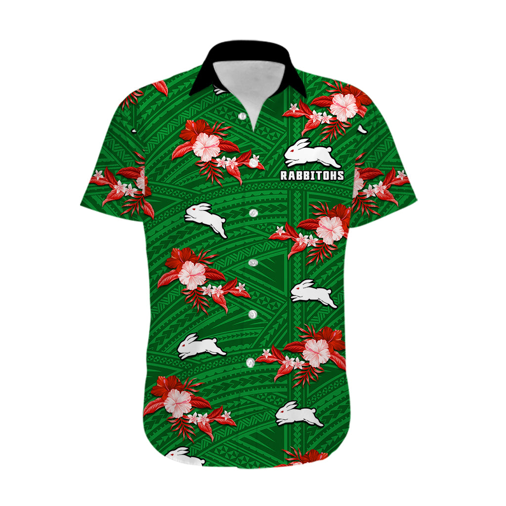 (Custom Text And Number) Rabbitohs Rugby Hawaiian Shirt Polynesian Tribal Mix Tropical Hawaiian Style - Vibe Hoodie Shop