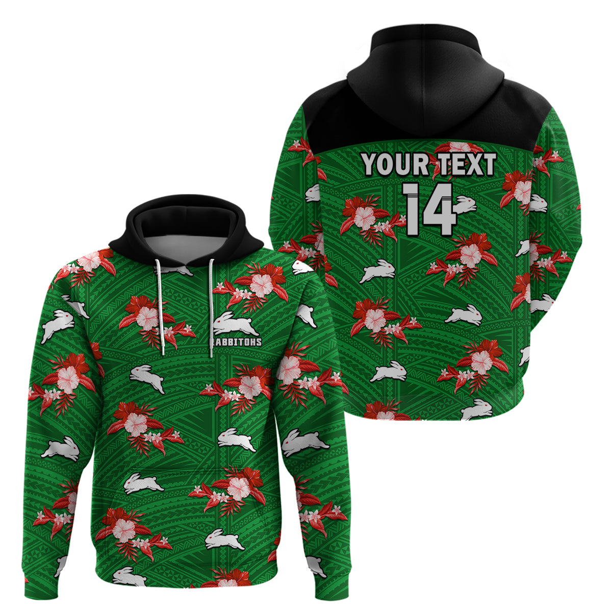 (Custom Text And Number) Rabbitohs Rugby Hoodie Polynesian Tribal Mix Tropical Hawaiian Style - Vibe Hoodie Shop