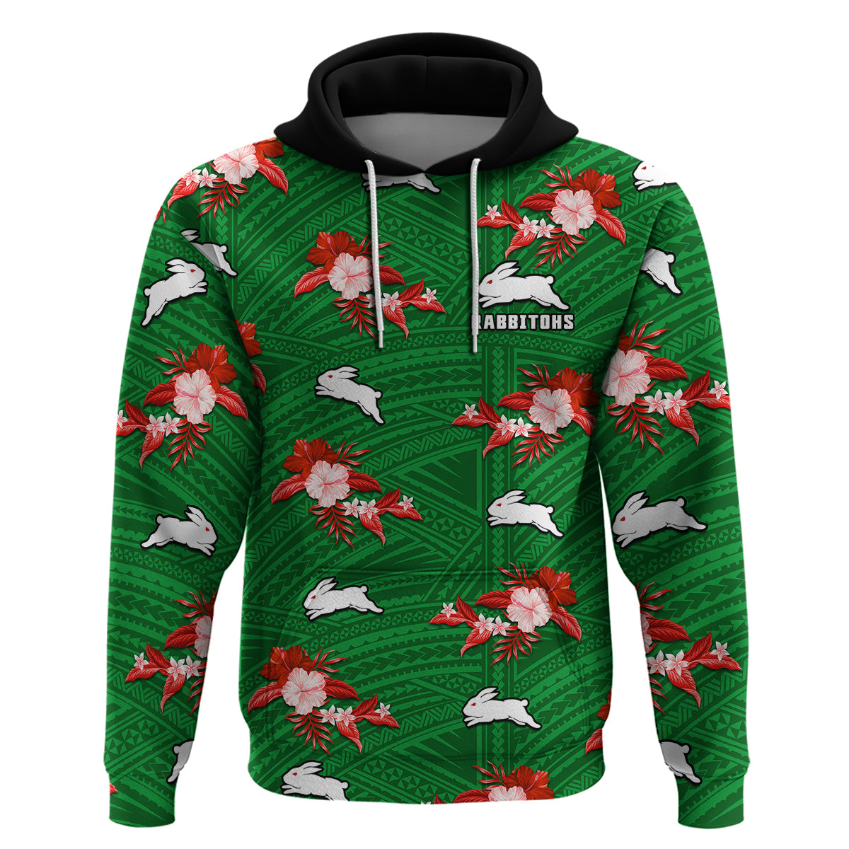 (Custom Text And Number) Rabbitohs Rugby Hoodie Polynesian Tribal Mix Tropical Hawaiian Style - Vibe Hoodie Shop