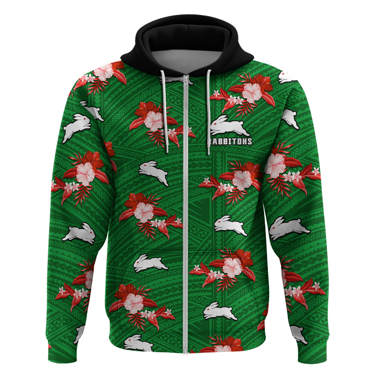 (Custom Text And Number) Rabbitohs Rugby Hoodie Polynesian Tribal Mix Tropical Hawaiian Style - Vibe Hoodie Shop