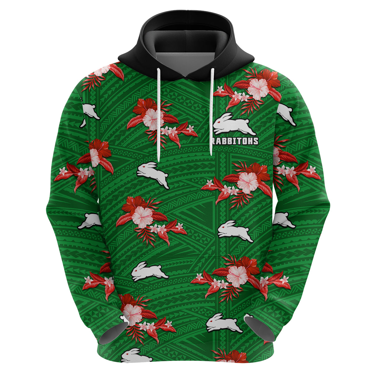 (Custom Text And Number) Rabbitohs Rugby Hoodie Polynesian Tribal Mix Tropical Hawaiian Style - Vibe Hoodie Shop