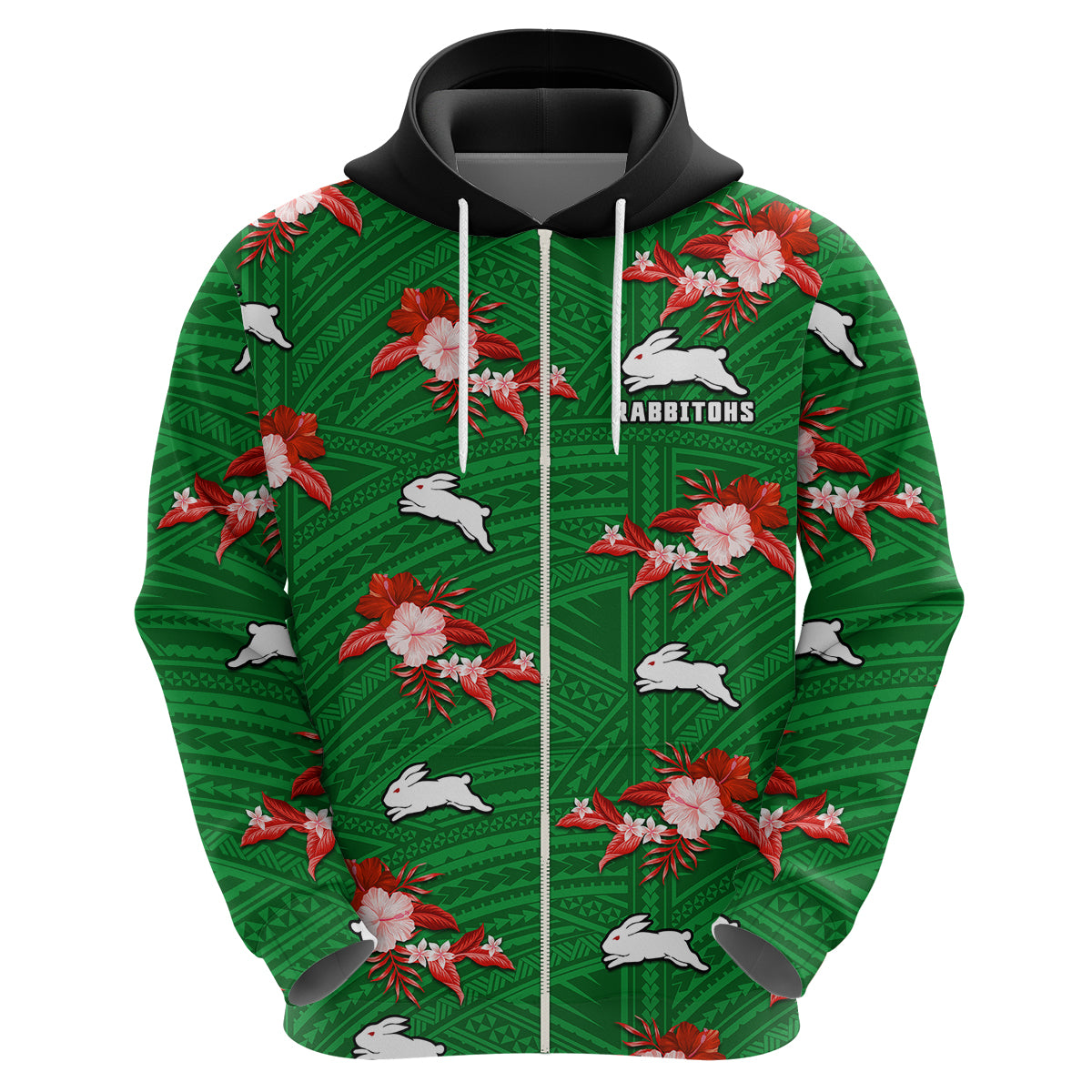 (Custom Text And Number) Rabbitohs Rugby Hoodie Polynesian Tribal Mix Tropical Hawaiian Style - Vibe Hoodie Shop