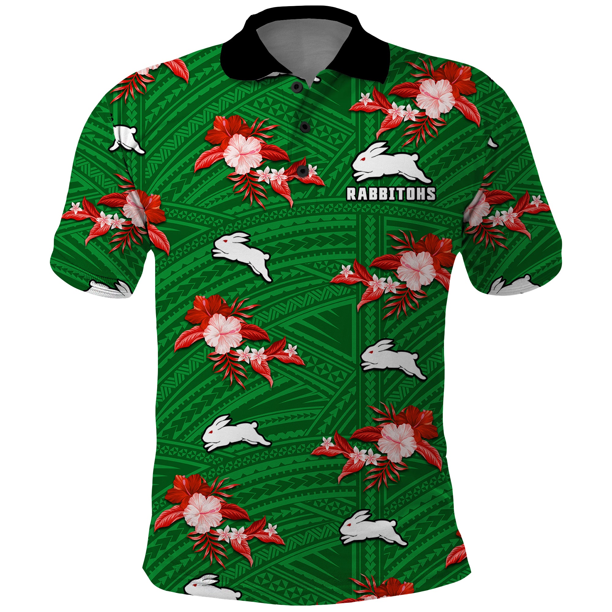 (Custom Text And Number) Rabbitohs Rugby Polo Shirt Polynesian Tribal Mix Tropical Hawaiian Style - Vibe Hoodie Shop