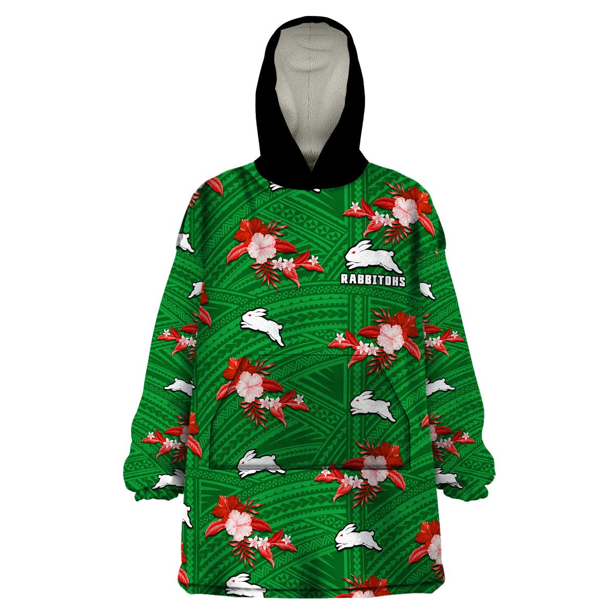 (Custom Text And Number) Rabbitohs Rugby Wearable Blanket Hoodie Polynesian Tribal Mix Tropical Hawaiian Style - Vibe Hoodie Shop