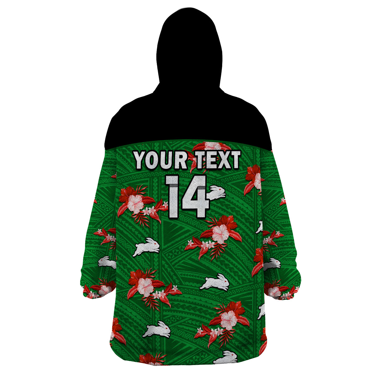 (Custom Text And Number) Rabbitohs Rugby Wearable Blanket Hoodie Polynesian Tribal Mix Tropical Hawaiian Style - Vibe Hoodie Shop