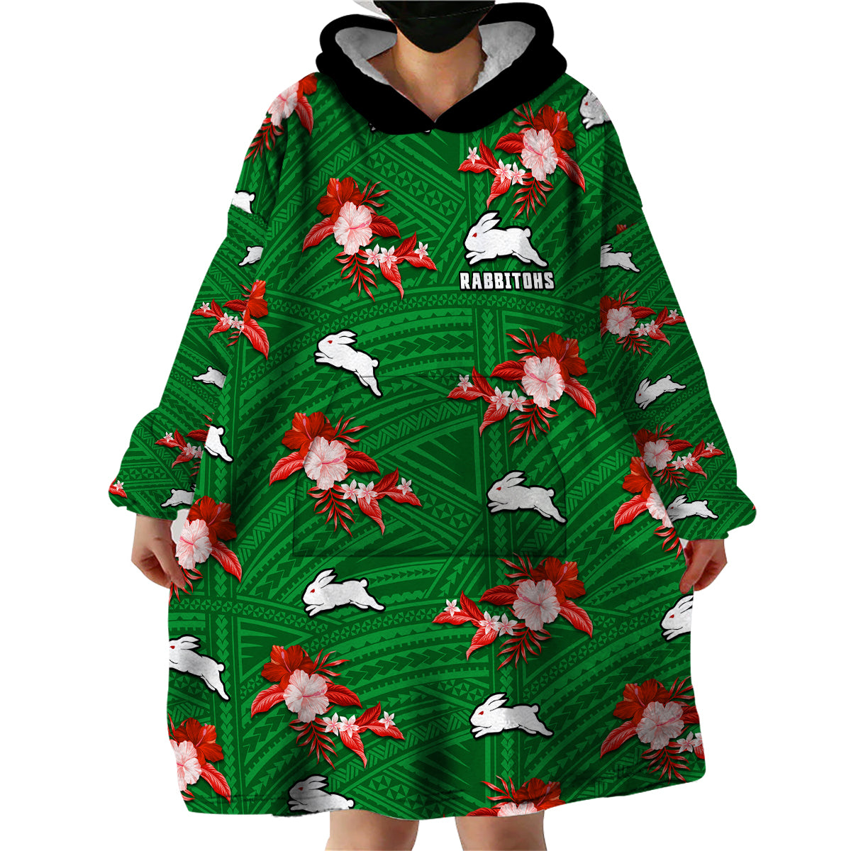 (Custom Text And Number) Rabbitohs Rugby Wearable Blanket Hoodie Polynesian Tribal Mix Tropical Hawaiian Style - Vibe Hoodie Shop