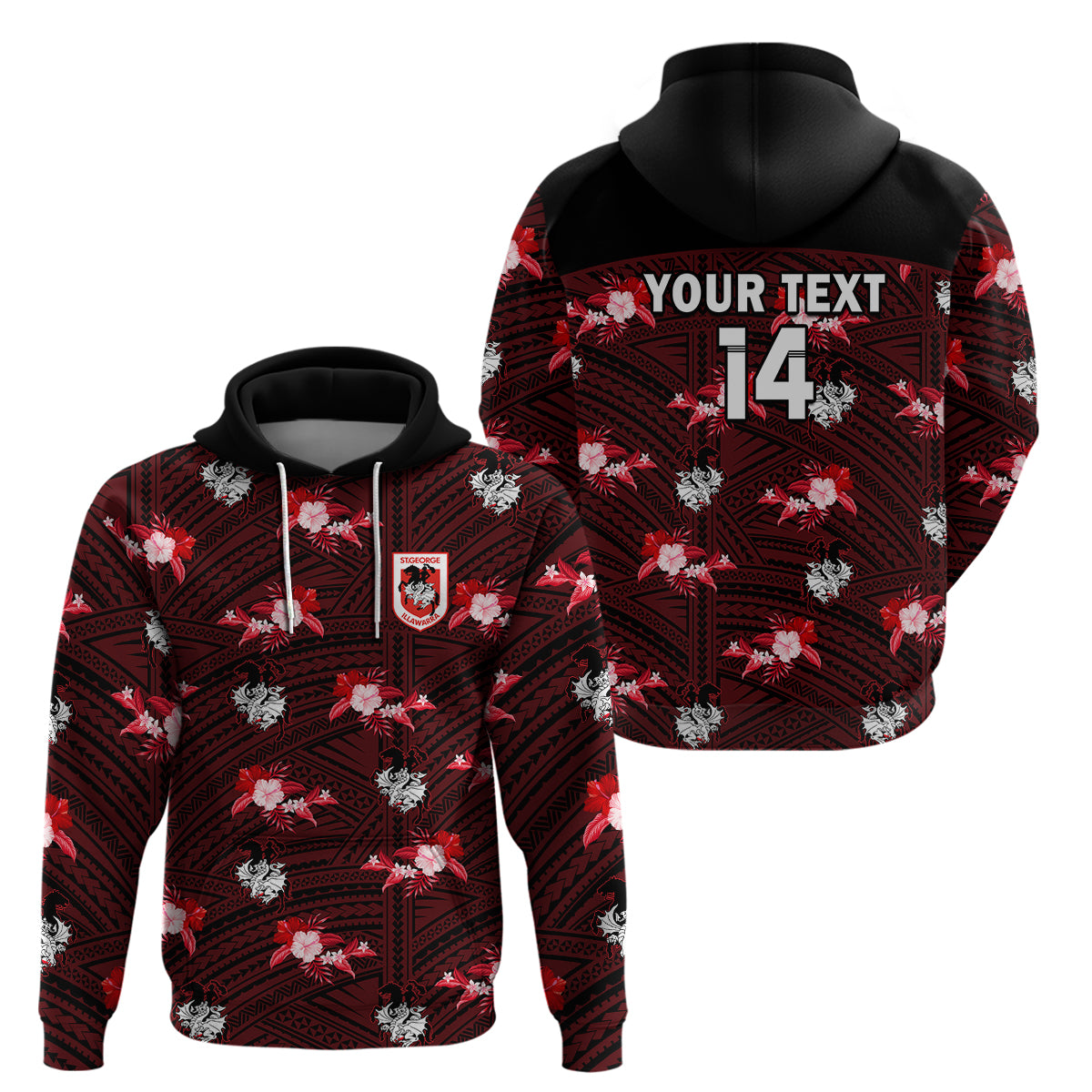 (Custom Text And Number) Dragons Rugby Hoodie Polynesian Tribal Mix Tropical Hawaiian Style - Vibe Hoodie Shop