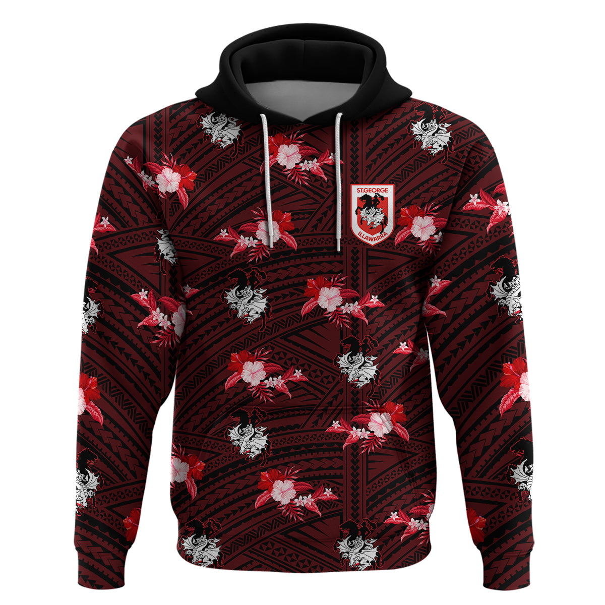 (Custom Text And Number) Dragons Rugby Hoodie Polynesian Tribal Mix Tropical Hawaiian Style - Vibe Hoodie Shop