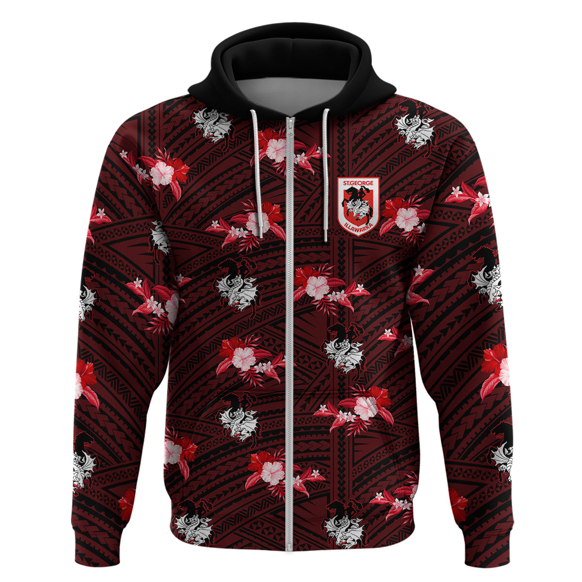 (Custom Text And Number) Dragons Rugby Hoodie Polynesian Tribal Mix Tropical Hawaiian Style - Vibe Hoodie Shop