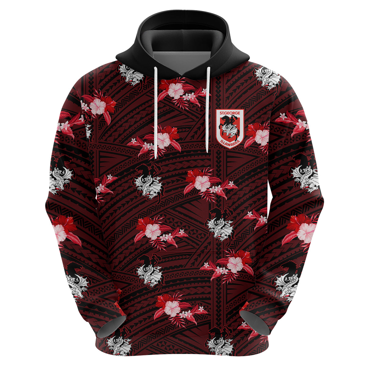 (Custom Text And Number) Dragons Rugby Hoodie Polynesian Tribal Mix Tropical Hawaiian Style - Vibe Hoodie Shop