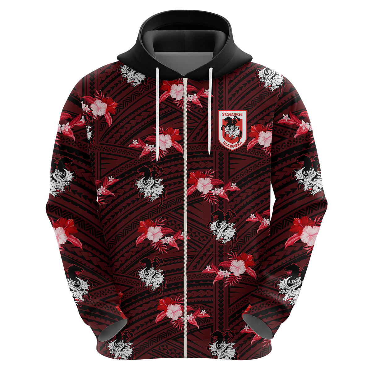 (Custom Text And Number) Dragons Rugby Hoodie Polynesian Tribal Mix Tropical Hawaiian Style - Vibe Hoodie Shop