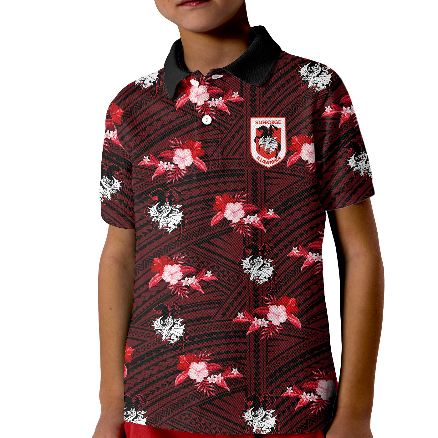 (Custom Text And Number) Dragons Rugby Kid Polo Shirt Polynesian Tribal Mix Tropical Hawaiian Style - Vibe Hoodie Shop