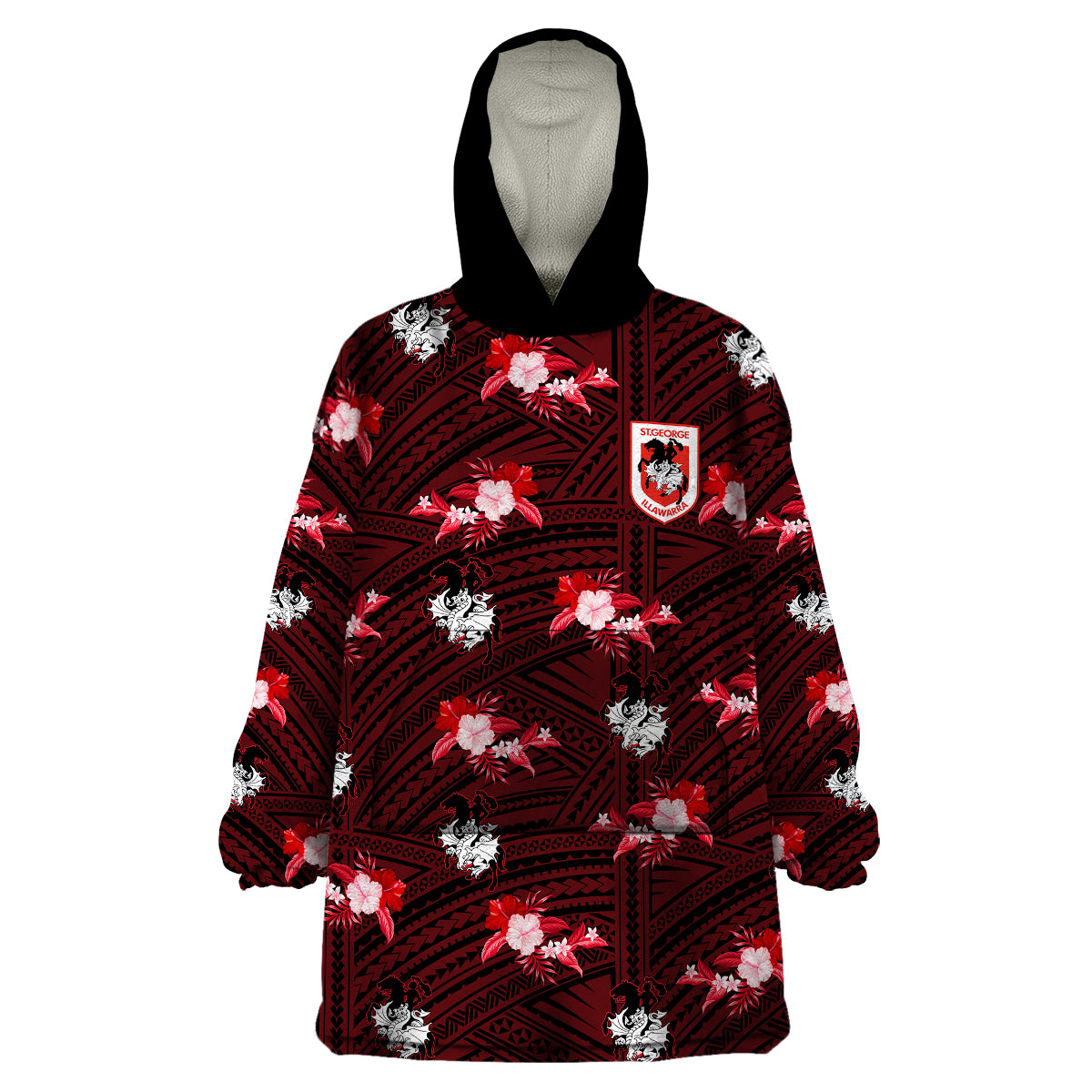 (Custom Text And Number) Dragons Rugby Wearable Blanket Hoodie Polynesian Tribal Mix Tropical Hawaiian Style - Vibe Hoodie Shop