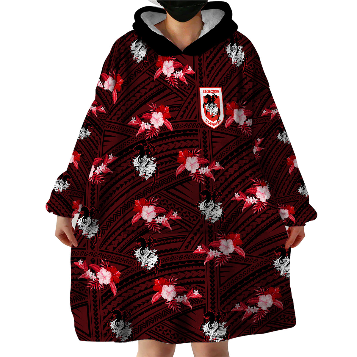 (Custom Text And Number) Dragons Rugby Wearable Blanket Hoodie Polynesian Tribal Mix Tropical Hawaiian Style - Vibe Hoodie Shop