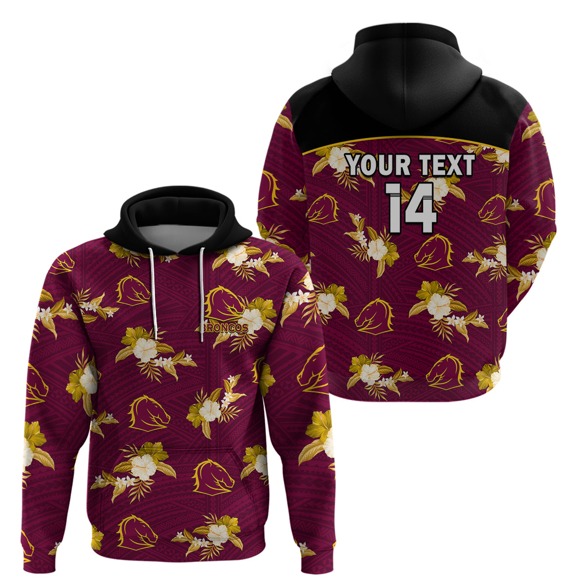 (Custom Text And Number) Broncos Rugby Hoodie Polynesian Tribal Mix Tropical Hawaiian Style - Vibe Hoodie Shop